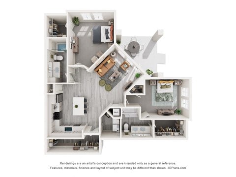 Floor plan for 2 beds, 2 baths, 1279 sqft